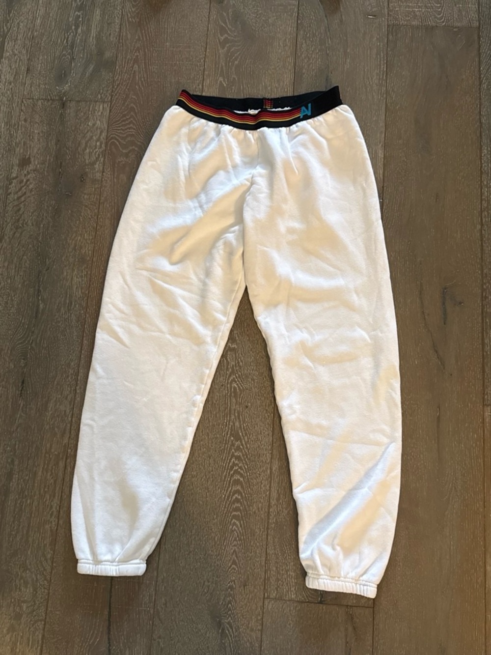 Aviator Nation White Joggers with Rainbow Striped Waistband